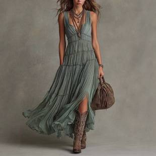 Women's Summer Dress, Round Neck, Sleeveless, Loose Fit, Draped, Mid-Length A-Line Skirt, Elegant Gown, Pleated Skirt