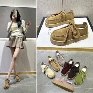 Lovers Platform Platform Kangaroo Shoes Men's and Women's 2025 New Round-toe Lace-up Loafers British Joker Small Leather Shoes