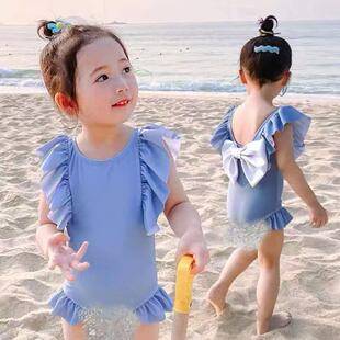 2025 new girls swimwear children's one-piece solid color bow baby swimsuit South Korea cute lace swimsuit