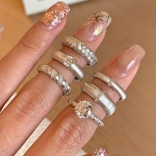 French Niche Design Wire-drawing Micro-set Six-pointed Star Diamond Ring Plain Silver Ring Women's High-grade Textured Surface Stacked Ring