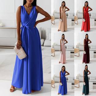 2026 Amazon Independent Site European and American Cross-Border Spring and Summer New Women's Solid Color V-Neck Long Dress