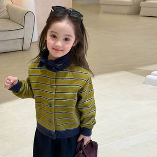 Maiyoyo children's retro striped color-block knitted cardigan, casual sweater jacket for baby girls