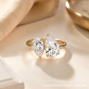 Cross-Border Jewelry Double Stone Open Ring for Women, Copper Gold-Plated Water Drop Square Zircon Ring, European and American Light Luxury Jewelry Wholesale