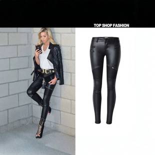 Women's faux leather denim skinny pants with multiple zippers, biker style, plus size