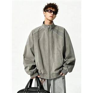 American retro matte tie-dye stand-up collar bomber jacket, men's autumn short-style functional patchwork outerwear, trendy leather jacket