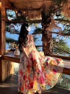 Maldives and Thailand travel outfits, Sanya seaside vacation beach dress, summer floral print suspender dress for women