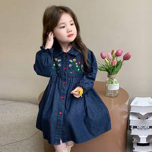Girls' Embroidered Denim dress Spring and Autumn 2025 New Style Girl Baby Children's Spring Dress Princess Trendy