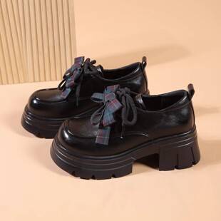 Thick-Soled Height-Increasing Loafers for Women, 2026 New Spring Style, Bow-Tie Lace-Up Single Shoes, Small Leather Shoes for Petite Women