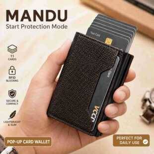 MANDU Men's Wallet with RFID Protection, Automatic Card Ejector, Aluminum Case, Compact Multi-Card Slot Wallet