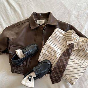 Children's Jacket 2026 New Autumn Collection Boys and Girls Solid Color Turn-Down Collar Leather Jacket Baby Short Jacket Trendy