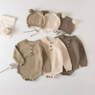 2025 K-Style of Newborn Baby Autumn Knitted Jumpsuit for Male and Female Babies Cute Little Hat Baggy Romper Sweater