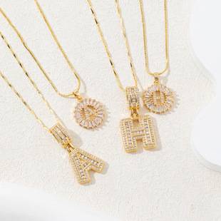 Cross-Border Popular Full Diamond Rock Sugar 26 Letter Pendant Necklace for Women Copper Inlaid with Zirconium Plated Real Gold Round Flower Jewelry Set