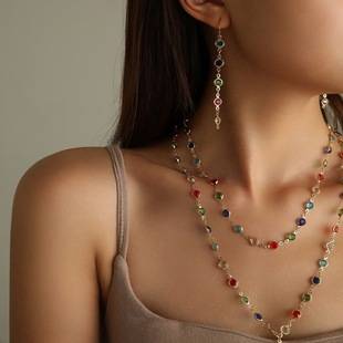 European and American Style Cross-Border New Alloy Fashion Colorful Rhinestone Long Necklace Accessories for Women Niche Creative Clavicle Chain Jewelry