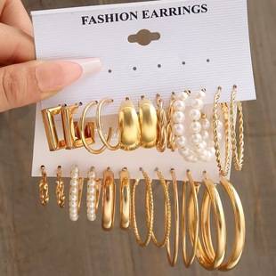 2025 Cross-Border Popular European and American Metal Earrings Square Geometric Earrings Combination Set Ins Style Earrings