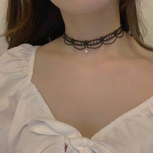 Black Lace Choker Neckband Sweet Neck Chain Bridal Necklace Pearl Pendant Choker Clavicle Chain Wedding Accessories