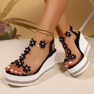 Foreign Trade Thick-Soled Sandals for Women 2026 Summer New Large Size Fashion Wedge Flower Rhinestone Fairy Beach Shoes