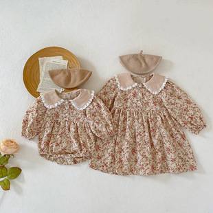 South Korea Children's Clothing Spring and Autumn New Baby Floral Climbing Suit Bag Fart Clothes Girl Doll Collar Girl dress Sisters Clothes