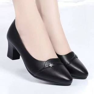 Cross-Border Soft Leather Shoes for Women, Low Heels, Spring and Autumn Soft Sole Comfortable Leather Shoes, Women's Shoes, Medium Heels, Mother's Shoes, Work Shoes, New Styles