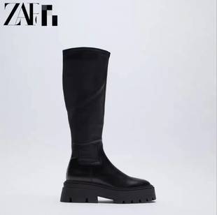 ZV2021 Winter New Long Jane Boots Women's Shoes Black Cow Leather Wavy Thick Bottom High Leather Boots