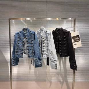Cross-Border Heavy-Duty Motorcycle Short Jacket for Women, Trendy New Style for Spring, Autumn, and Winter, Slim-Fit Stand Collar Long-Sleeve Denim Jacket Top