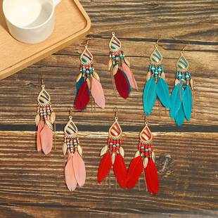 High-value tremolo feather earrings Bohemian long tassel photo trendy women's ear hook personality wholesale earrings