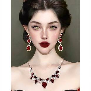 Crystal Short Necklace Jewelry suit Women's European and American Exaggerated Ruby Pendant Earrings Clavicle Chain Bridal Dress Accessories