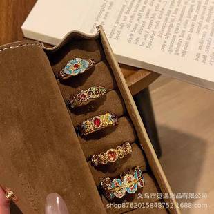 "Golden Candlelight" New Chinese Style Retro Four-Leaf Window Flower Open Ring for Women, Light Luxury Enamel Ring