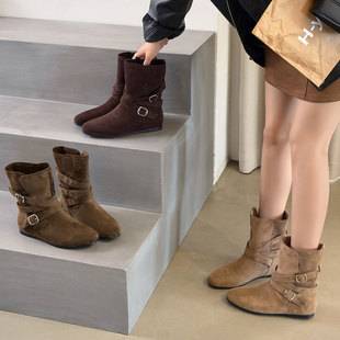 Sheepskin pleated stacked boots 2026 urban versatile autumn and winter new vintage style with 3cm internal height increase short boots for women