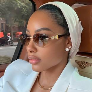 European and American Style Frameless Oval Cat-Eye Sunglasses for Women, Suitable for Square and Round Faces, Slimming and Fashionable Glasses with Gemstone and Diamond Embellishments, Light Luxury Sunglasses