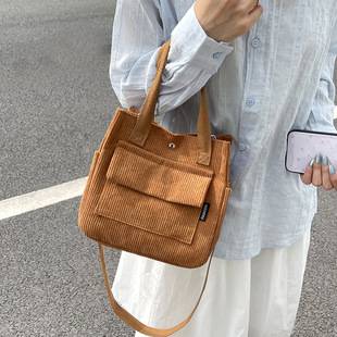 Corduroy Multi-Pocket Tote Bag for Students, Simple and Versatile Handbag Lunch Box Bag