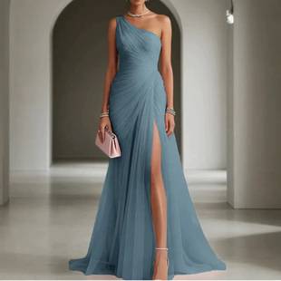 Cross-border long evening dress in European and American style, 2026 summer fashion, sexy and elegant one-shoulder slit party dress