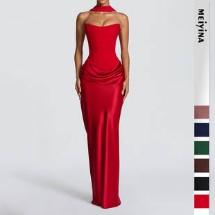 2026 European and American New Style Solid Color Waist-Cinching Sexy Strapless Bodycon Long Dress Satin Tie Ribbon Dress