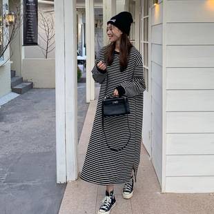 Striped Dress 2025 Autumn and Winter Lazy Oversize Loose Hem Slit Fleece-Lined Knee-Length Sweatshirt Dress