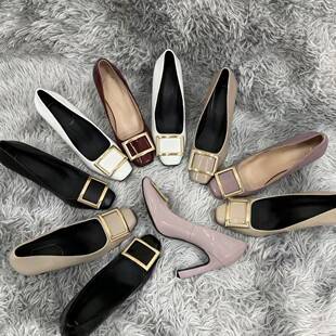 25 Four Seasons Square Buckle Pumps Shallow High Heels Patent Leather Bridesmaid Fashion Women's Shoes 9cm Stiletto High Heels Wedding Shoes