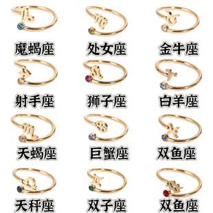 Tongxin Jewelry Twelve Constellation Ring 12 Constellation Rune Titanium Steel Ring Zircon birthstone Open Ring Ring