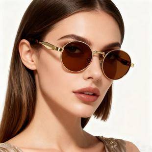 Cross-Border New Oval Frame Sunglasses for Women, High-End Metal Small Frame Sunglasses for Men, European and American Fashion Street Photography Glasses