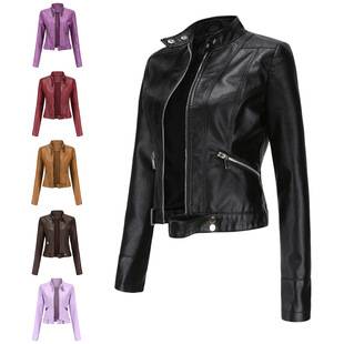 2021 New Leather Jacket Women's Short Small Jacket Spring and Autumn Stand Collar Women's Leather Jacket Cross-Border Women's Thin Leather Jacket
