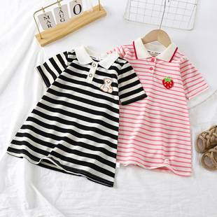 Girls Summer Short-Sleeved Polo Collar Dress Baby Girl Summer Stripesd A-Line Skirt Internet Celebrity Hot Style Dropshipping