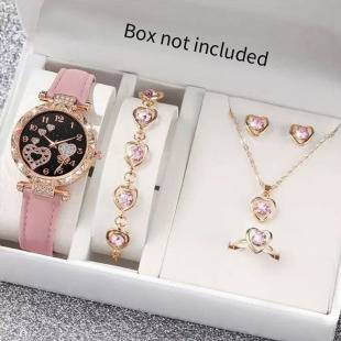 Cross-Border Popular Women's Watch Set, High-End Women's Leather Strap Watch, Fashionable Wristwatch, Fashionable Love-Themed Accessories