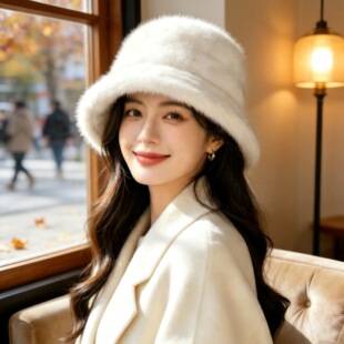 Winter Plush Fisherman's Hat for Women, Warm and Windproof, Round Top, Solid Color, Simple, Fresh and Sweet, Women's Hat That Makes the Face Look Smaller