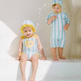 2026 Kidsren's Swimsuit Boys and Girls One-Piece Striped 1-Piece Quick-Drying Swimsuit for Kidsren 0-3 Years Old Infants and Toddlers