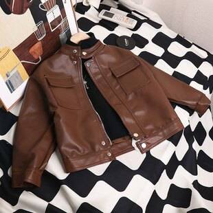Boys and Girls Leather Jacket Coffee Color Coat for Older Children Spring and Autumn Stylish Baby Boy Children's Leather Jacket Soft Leather Handsome Trendy
