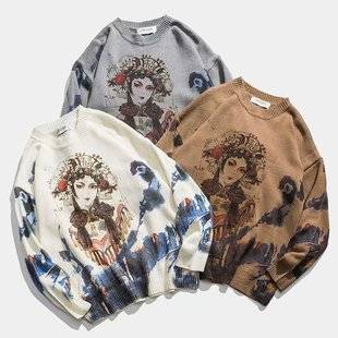 Autumn and Winter National Trend Sweaters for Men, Hong Kong Style Street Style Couple's Chinese Style Pullover Loose Casual Knitwear