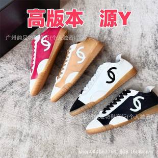 High-end Chanel-inspired 2026 Spring Collection Black and White Color-Block Flat German Training Shoes Genuine Leather Lace-up Casual Sports Cortez Shoes