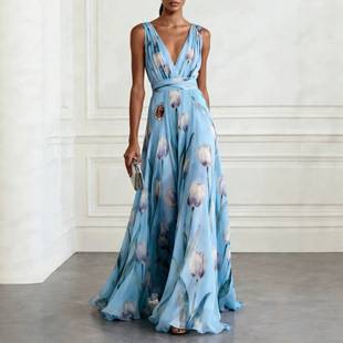 2026 European and American cross-border independent brand new tulip-print evening dress, women's sleeveless V-neck long gown