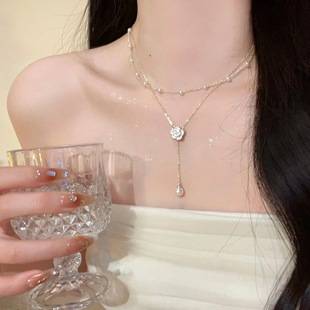 Super Fairy Elegant Pearl Camellia Double-Layer Necklace Women's Accessible Luxury High-End Elegant Clavicle Chain Fashion Stacking Accessories