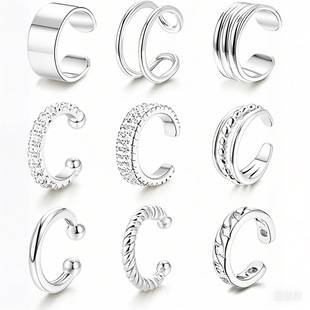 Amazon Hot Sale French Design 9 Piece Set with Diamond Zircon Hollow Ear Clip Earbone Clip Earrings Women