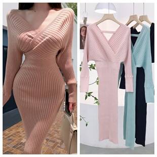 8146 Pink Bodycon Dress for Autumn and Winter, Pure and Sexy V-Neck Cross-Back Batwing Sleeve Waist-Cinching Inner Dress