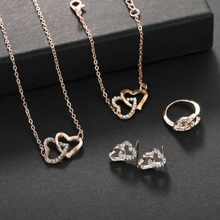 New European and American Style Simple Alloy Double Heart Necklace Jewelry Set, Light Luxury Bridal Double Heart Jewelry Four-Piece Set