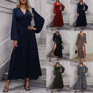 Autumn and winter new ladies lantern sleeve high split dress